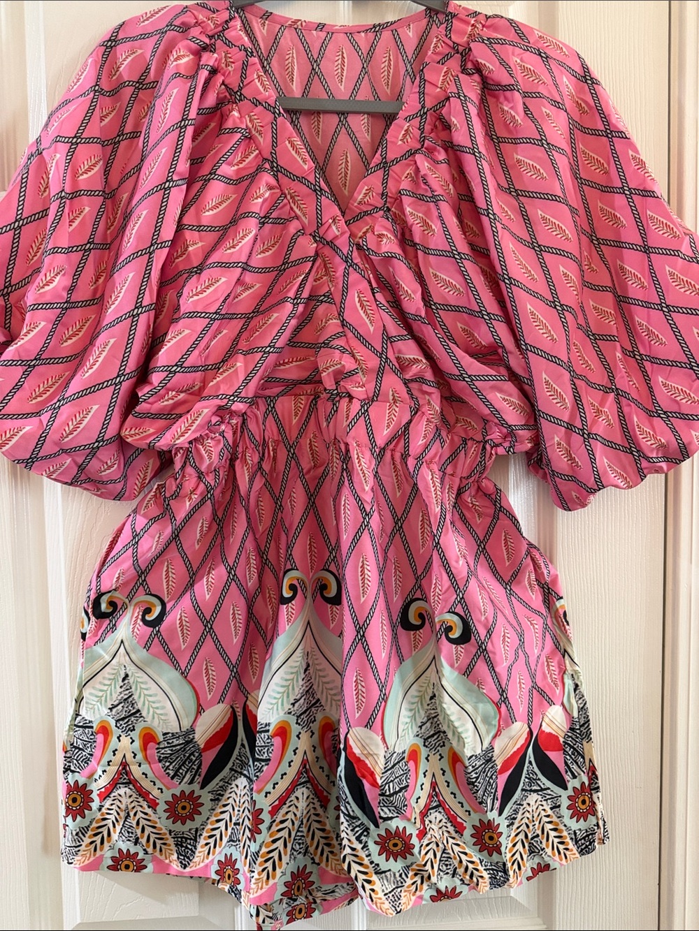 Pink Patterned Boho Romper with Flutter Sleeves